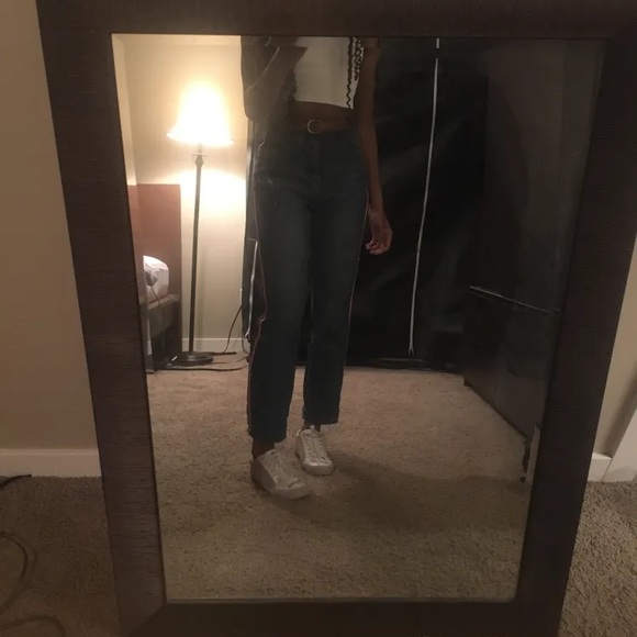 Straight High Rise Jeans w/ Stripes - Picture 1 of 4